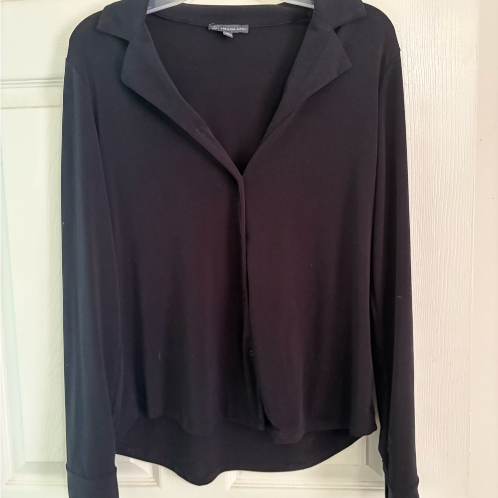 Adrianna Papell Black Long Sleeve Relaxed Blouse with Notched Collar